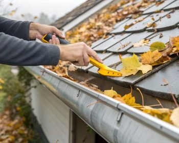 man-cleaning-autumn-leaves-from-roof-gutter